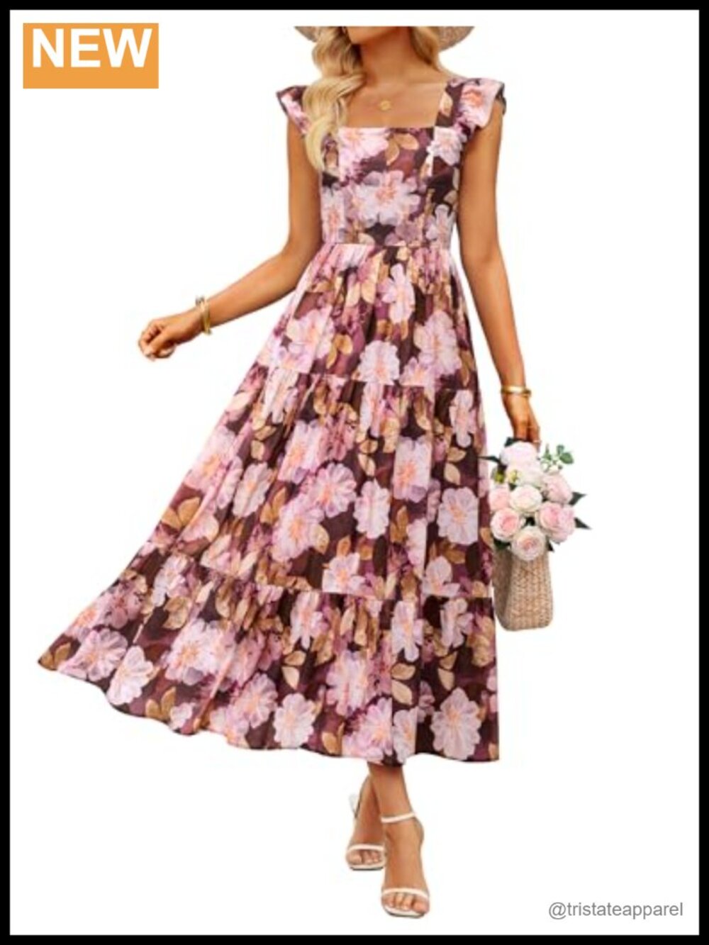 Women's Boho Floral Midi Dress Square Neck Cap Sleeve Smocked Back